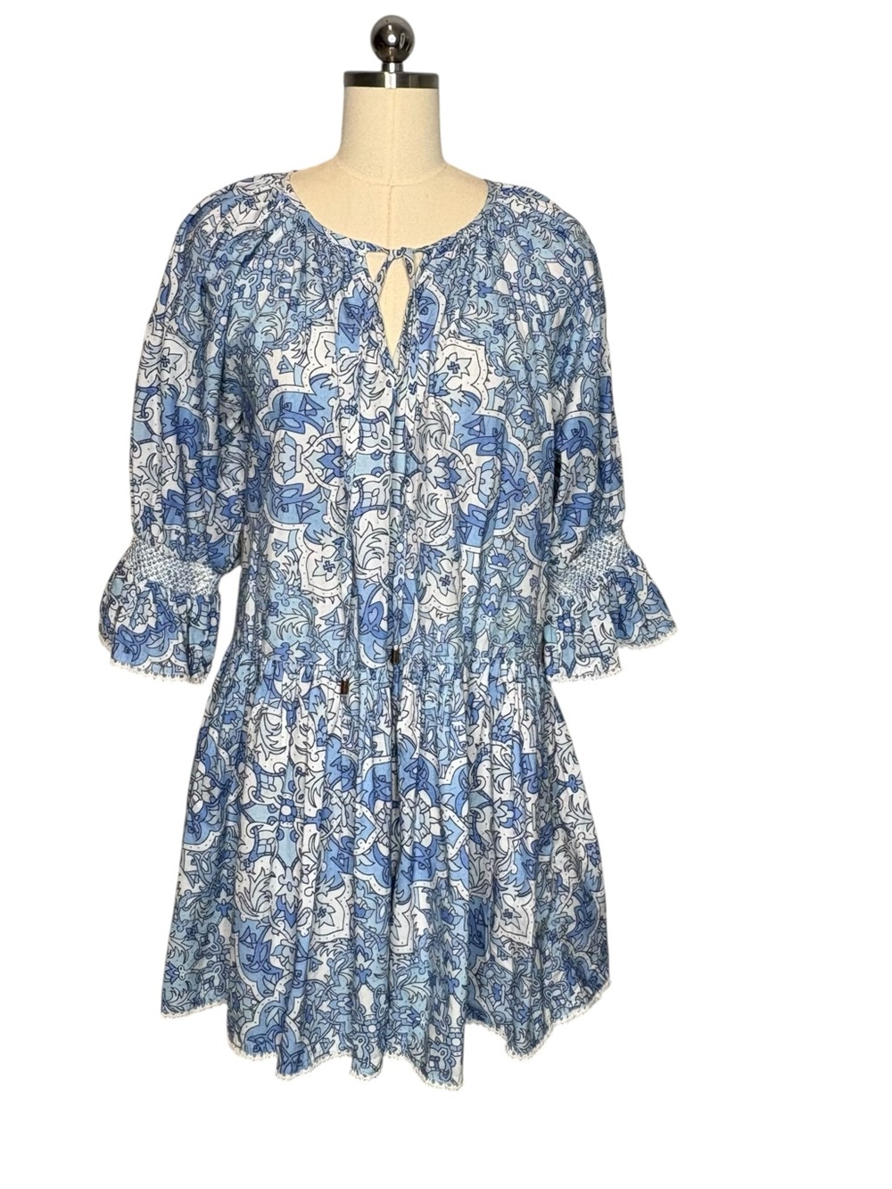 Cartolina Nantucket Blue Floral Tiered Puff Sleeve Mini Dress | S